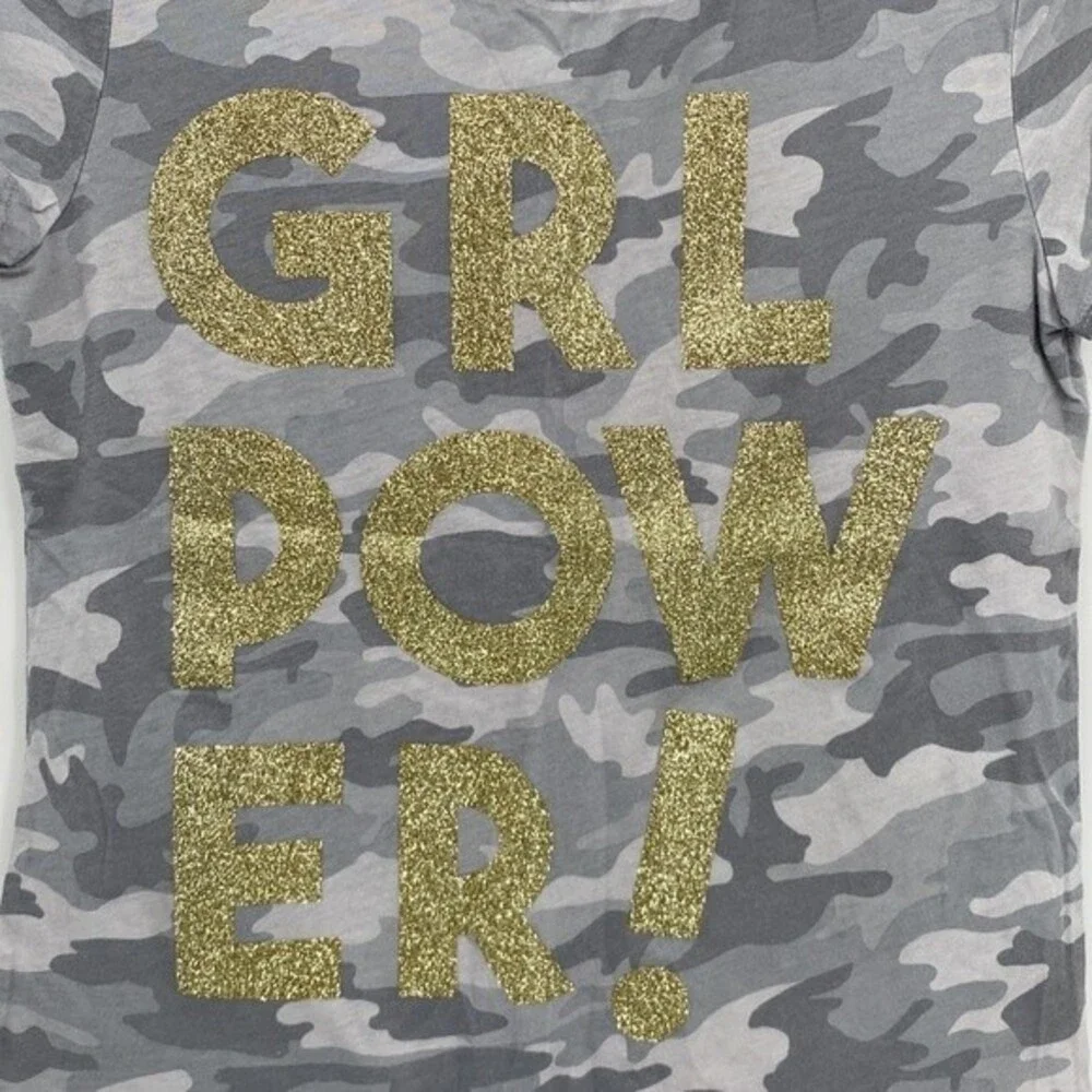Justice Girls Gray Camo Gold Sparkle GRL POWER! Graphic Short Sleeve Shirt 12